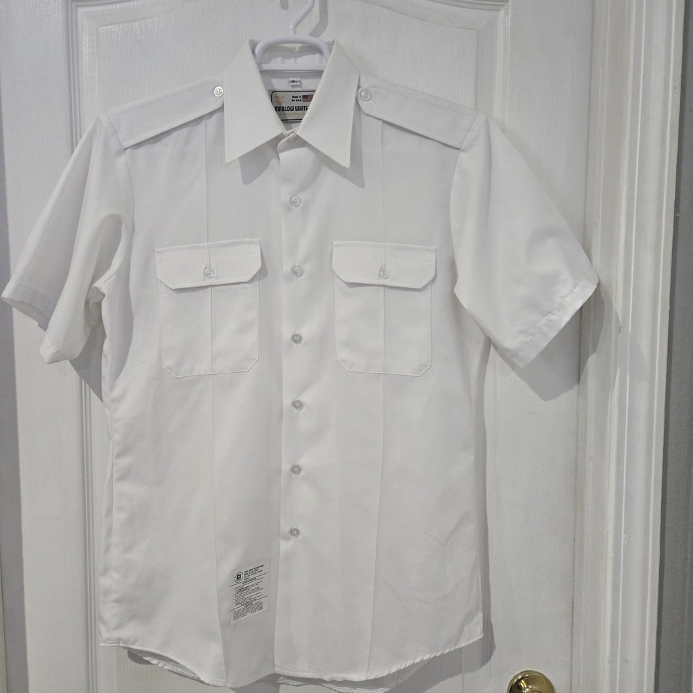 Marlow White Uniform Shirt Mens 15.5  Dress White US Army Tapered Short Sleeve